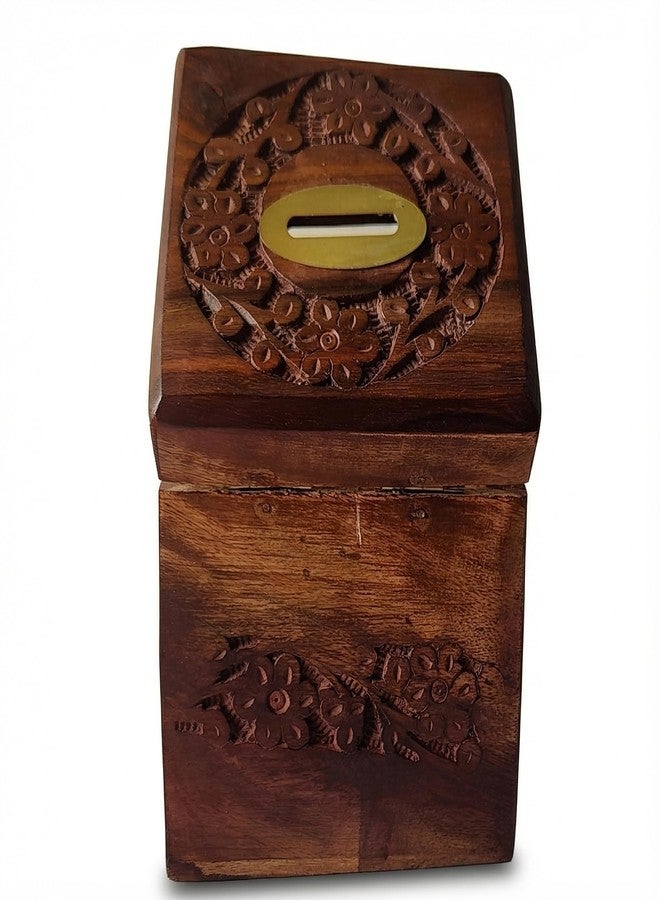 GURU JEE™ Indian Hand-Carved Wooden Coin Box Money Bank Piggy Bank Floral Design Carving Keepsake Savings Bank Wooden Gifts for Kids and Adults - Image 5